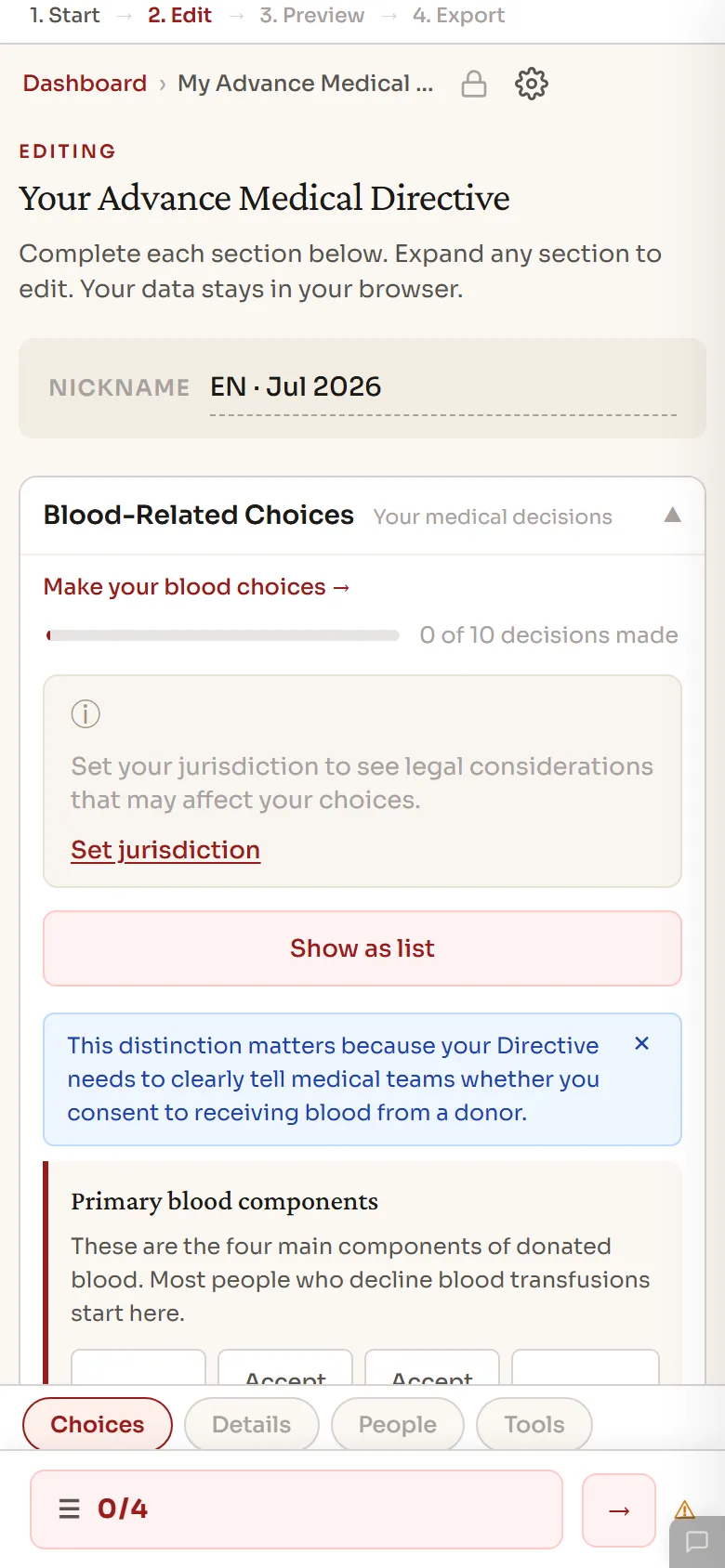 Pick your jurisdiction. The form adapts — you only see legal options valid where you live.