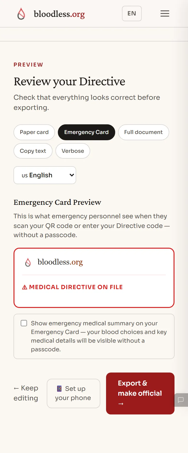 Your Emergency Card — what a first responder sees when they scan your QR code. Name, agent, blood choices, all at a glance.