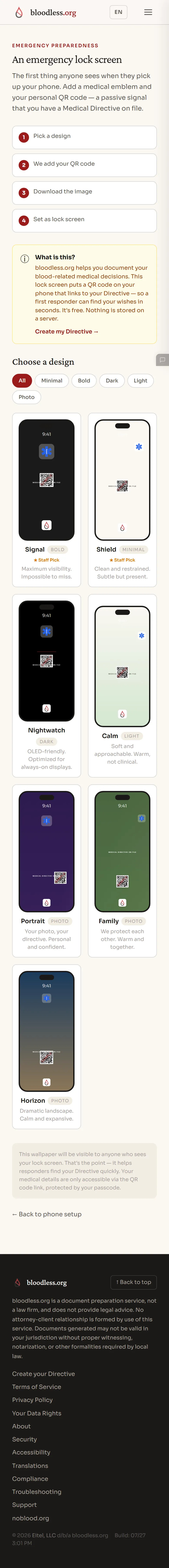 Put your Directive on your phone's lock screen — pick a free template with your name and QR code so responders see it even while your phone is locked. Full customization is a Plus feature, but the essentials are free.